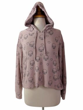 Chaser Skull Heart Graphic Cropped Hoodie Mauve Pink Black Pullover Small
